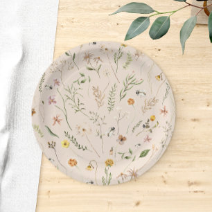 Plato De Papel Acuarela Floral Rústica Abeja Moderna