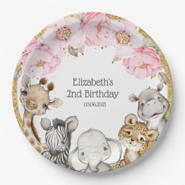 Plato De Papel Acuarela Floral Safari Animales Peony Birthday
