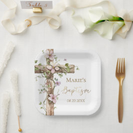 Plato De Papel Acuarela Floral Santa Cruz Bautizo