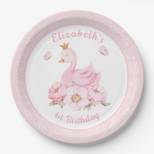 Plato De Papel Acuarela Floral Swan Princess Cumpleaños
