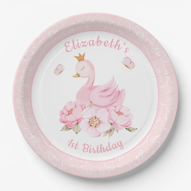 Plato De Papel Acuarela Floral Swan Princess Cumpleaños (Anverso)