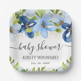 Plato De Papel Acuarela Flores de Verano Azules Baby Shower