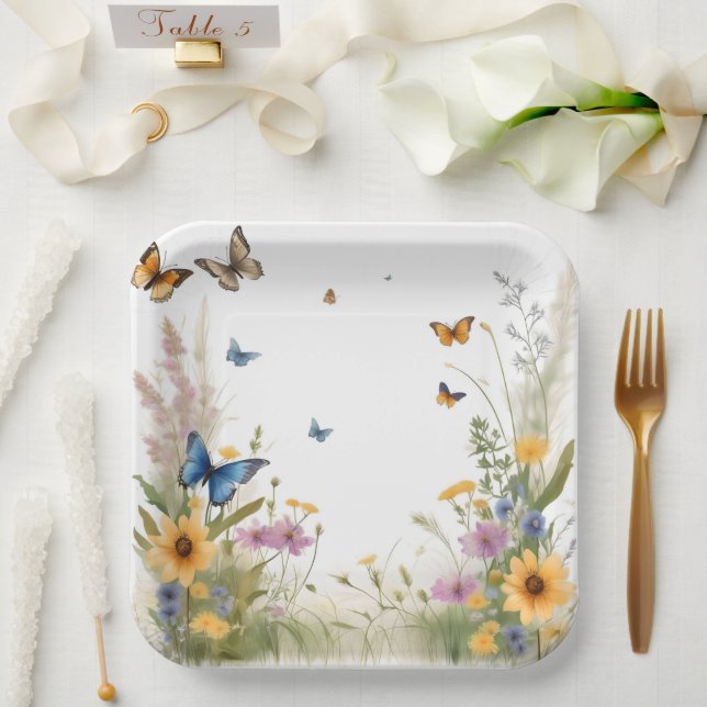 Plato De Papel Acuarela Flores Silvestres Hierbas Y Mariposas, (Boda)