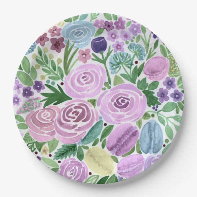 Plato De Papel Acuarela, flores y macarrones (Anverso)