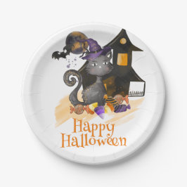 Plato De Papel Acuarela Gato negro con caramelos, Halloween