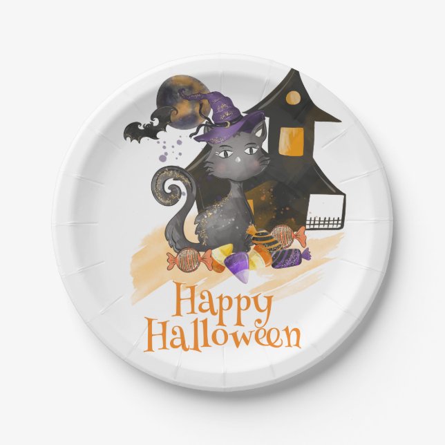 Plato De Papel Acuarela Gato negro con caramelos, Halloween (Anverso)