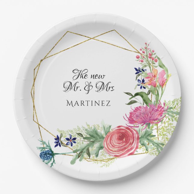 Plato De Papel Acuarela Geométrica moderna rosa en floral de mari (Anverso)