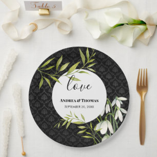 Plato De Papel Acuarela Gotitas de Nieve Blancas y Damask Laurel