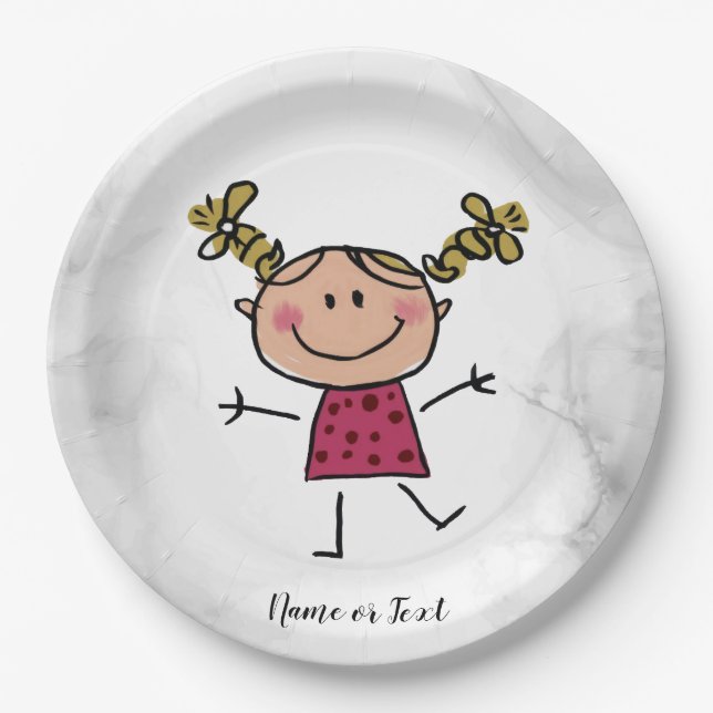 Plato De Papel Acuarela Happy Stick Girl Vestido rosa elegante (Anverso)