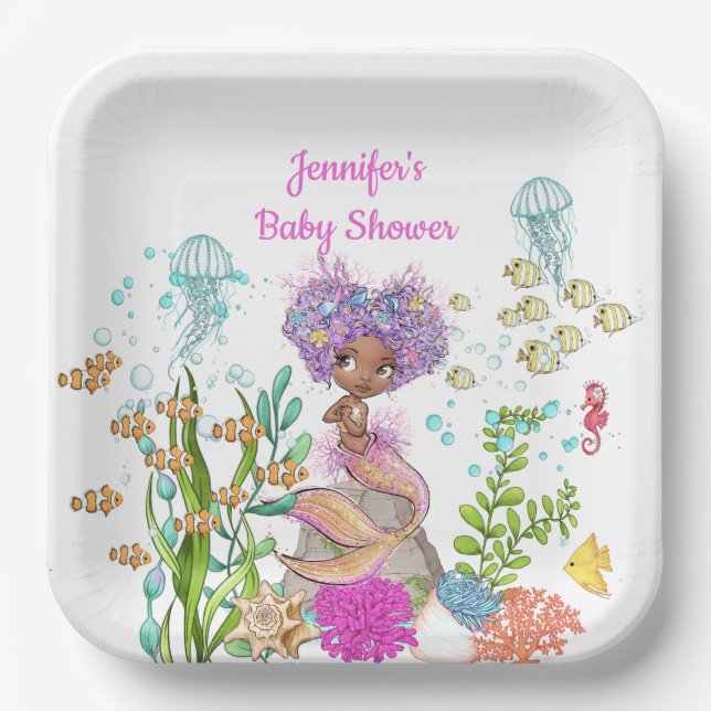 Plato De Papel Acuarela Hermosa Marrón Pequeña Sirenita Cumpleaño (Anverso)