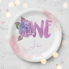 Plato De Papel Acuarela hidrangea primer Cumpleaños