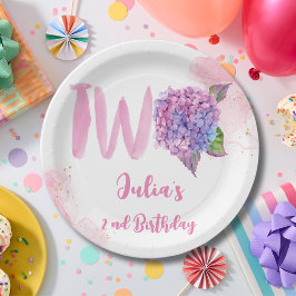 Plato De Papel Acuarela hidrangea segundo Cumpleaños