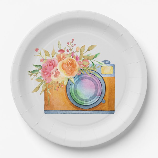 Plato De Papel acuarela+ilustracion, naranja+cámara, floral+bú (Anverso)