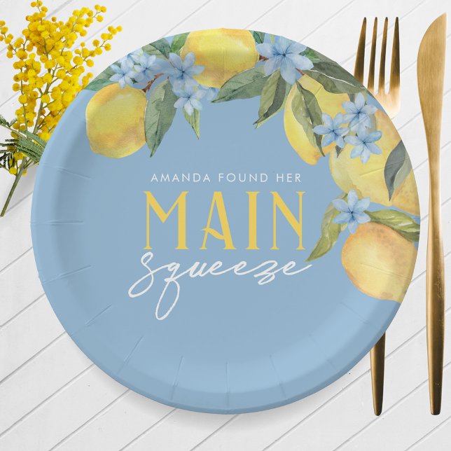 Plato De Papel Acuarela Lemon Blue Main Squeeze Personalizado (Watercolor Lemon Main Squeeze Personalized Paper Plates on Blue. 7'' or 9'' Available)