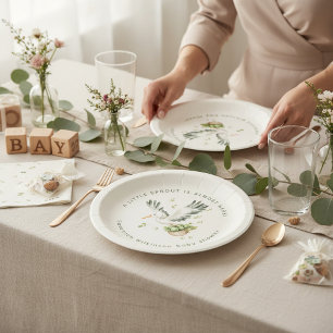 Plato De Papel Acuarela Little Sprout cigüeña Baby Shower