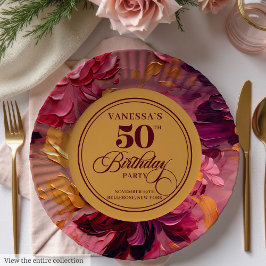Plato De Papel Acuarela Magenta Oro Rosa 50 Placas de cumpleaños