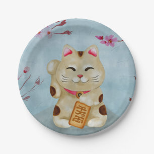 Plato De Papel Acuarela Maneki-neko gato bajo el sakura florido