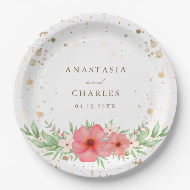 Plato De Papel Acuarela Marfil Rosa Verdor Floral Espectros de Or (Anverso)