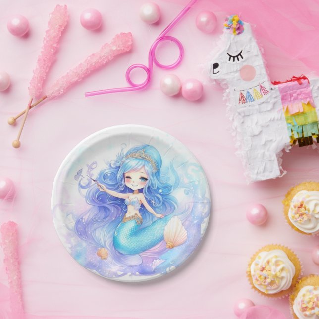 Plato De Papel Acuarela Mermaid Baby Shower (Fiesta)