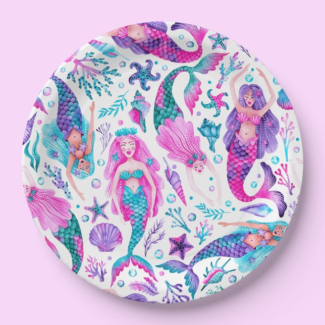 Plato De Papel Acuarela Mermaids Estantes de mar + Starfish Cumpl (Watercolor Mermaids Sea Shells + Starfish Birthday Paper Plates)