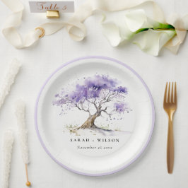 Plato De Papel Acuarela mínima Lilac Jacaranda Tree Boda