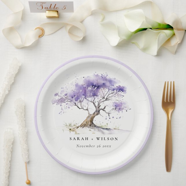 Plato De Papel Acuarela mínima Lilac Jacaranda Tree Boda (Boda)