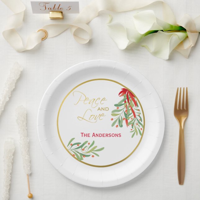 Plato De Papel Acuarela Mistletoe y Oro | Festividad personalizad (Boda)