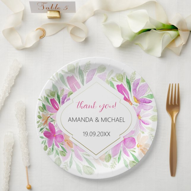 Plato De Papel Acuarela moderna Boho Lilac Floral (Boda)
