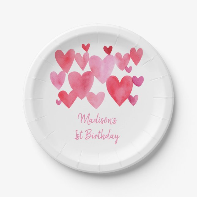 Plato De Papel Acuarela moderna Corazones Cumpleaños (Anverso)