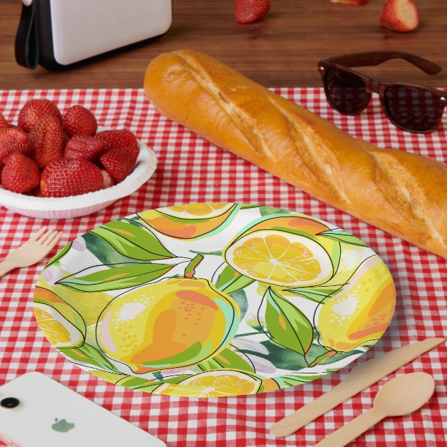 Plato De Papel Acuarela moderna Lemon Garden amarillo (Picnic)