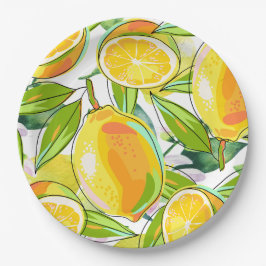 Plato De Papel Acuarela moderna Lemon Garden amarillo
