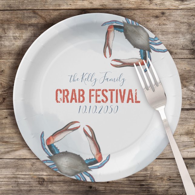 Plato De Papel Acuarela moderna Rustic Crab Azul elegante (Subido por el creador)