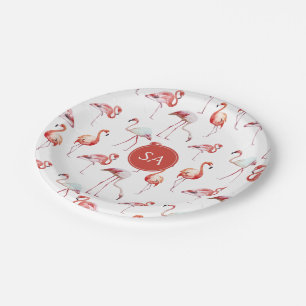 Plato De Papel Acuarela Monogramada Flamingo Rosa Tropical