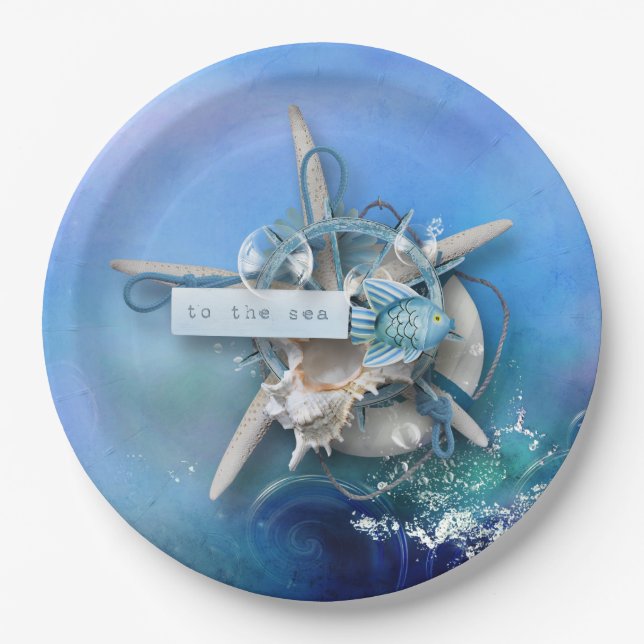 Plato De Papel Acuarela náutica al mar (Anverso)