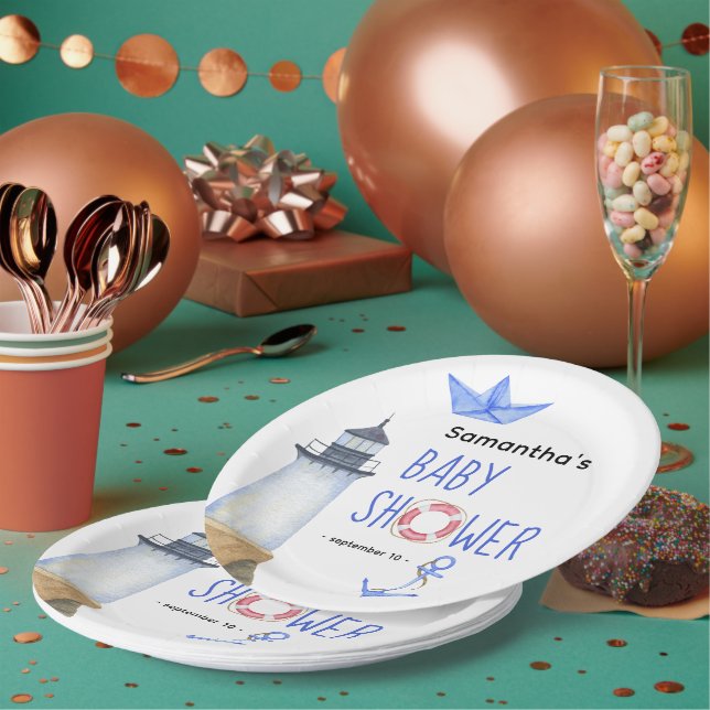 Plato De Papel Acuarela náutica - ducha de bebé (Multi)
