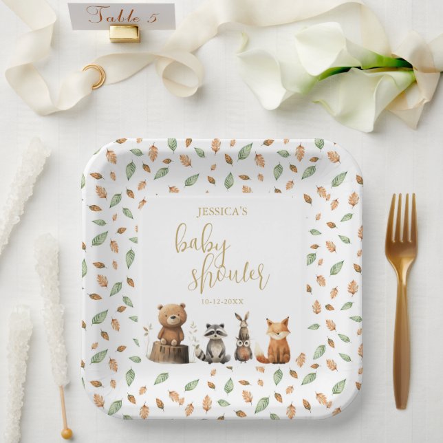 Plato De Papel acuarela neutra Woodland Animal Baby Duke (Boda)