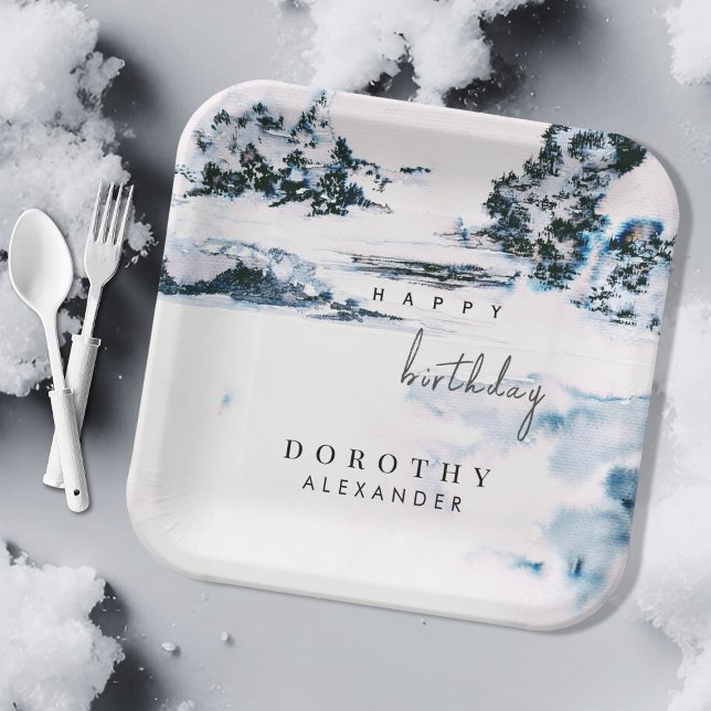 Plato De Papel Acuarela Nieve Montañas de Invierno Elegante Cumpl (Subido por el creador)