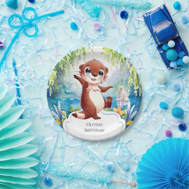 Plato De Papel Acuarela Niños Otter Birday (Fiesta)