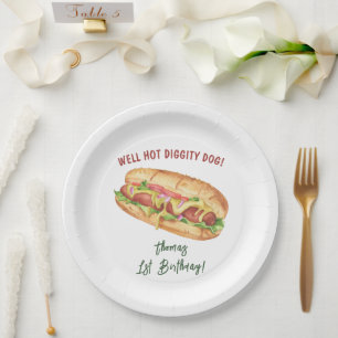 Plato De Papel Acuarela Niños Perros Calientes Cumpleaños