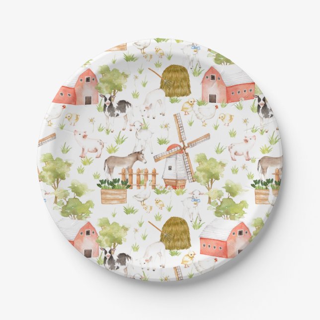 Plato De Papel Acuarela Nursery Farm Land Animales (Anverso)