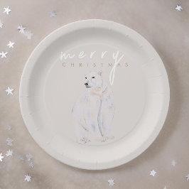 Plato De Papel Acuarela Oso Polar Feliz Navidad moderna