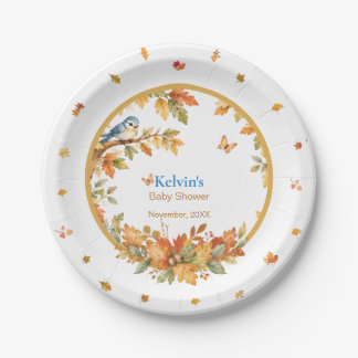 Plato De Papel Acuarela Otoño Bosque Pájaro & Hojas de Otoño