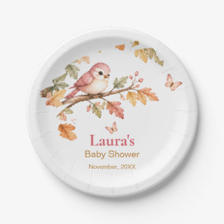 Plato De Papel Acuarela Otoño Bosque Pájaro y Hojas de Otoño