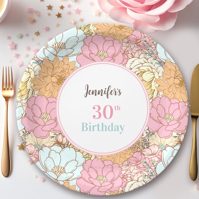 Plato De Papel Acuarela Pastel Floral Pink Summer Birday (Watercolor Paste Floral Pink Summer Birthday Paper Plates)