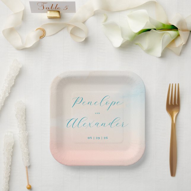 Plato De Papel Acuarela Pastel Romántica (Boda)