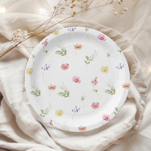 Plato De Papel Acuarela Patrón de flores silvestres ducha de bebé