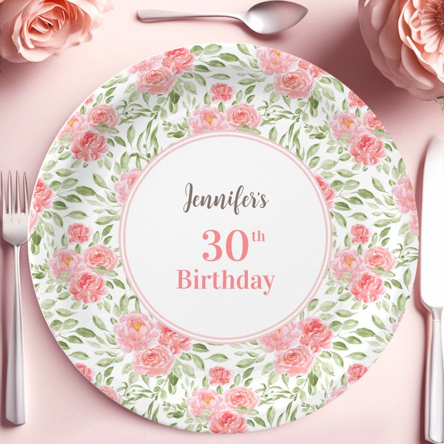 Plato De Papel Acuarela Peony Floral Peach Summer Cumpleaños (Watercolor Peony Floral Pink Peach Summer Birthday Paper Plates)