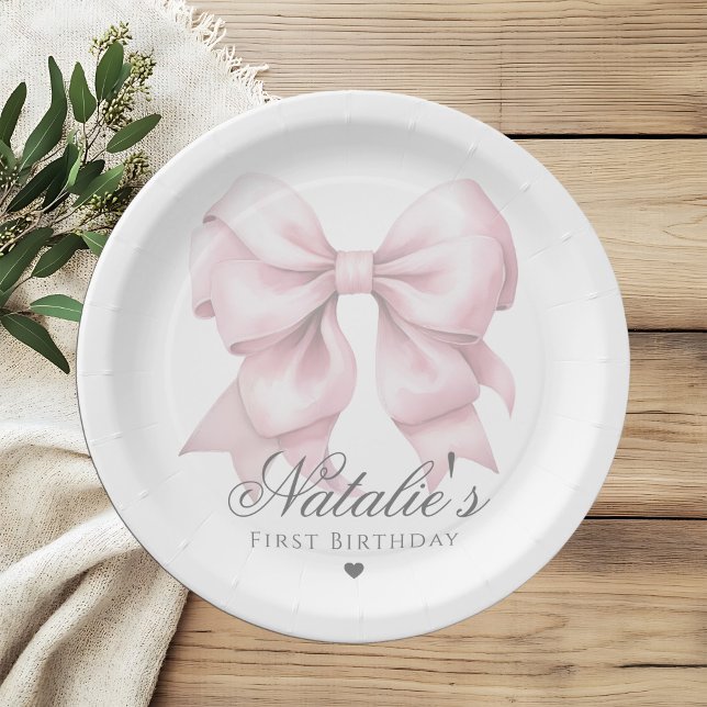 Plato De Papel Acuarela personalizada Dusty Pink Bow Primer cumpl (Subido por el creador)