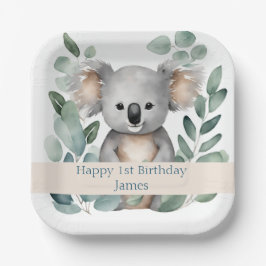 Plato De Papel Acuarela personalizada Koala Bear Cumpleaños