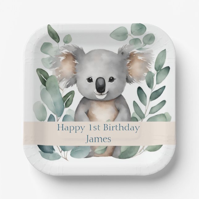 Plato De Papel Acuarela personalizada Koala Bear Cumpleaños (Anverso)